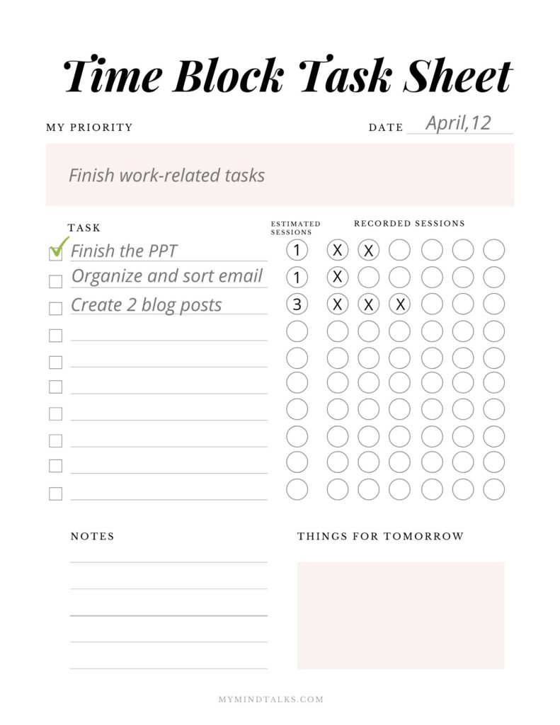 time block task sheet for pomodoro