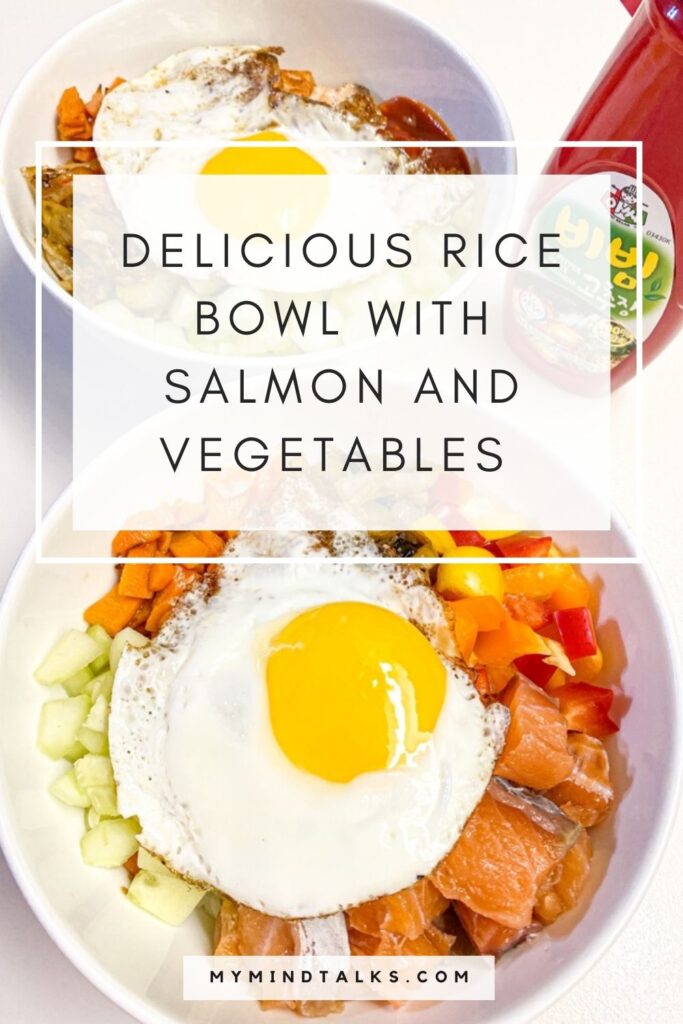 delicious rice bowl with salmon and vegetables 