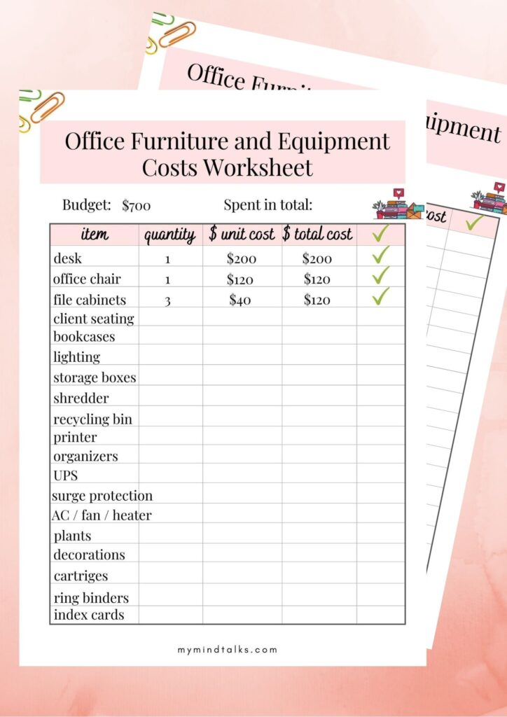 Office Furniture and Equipment Costs Worksheet